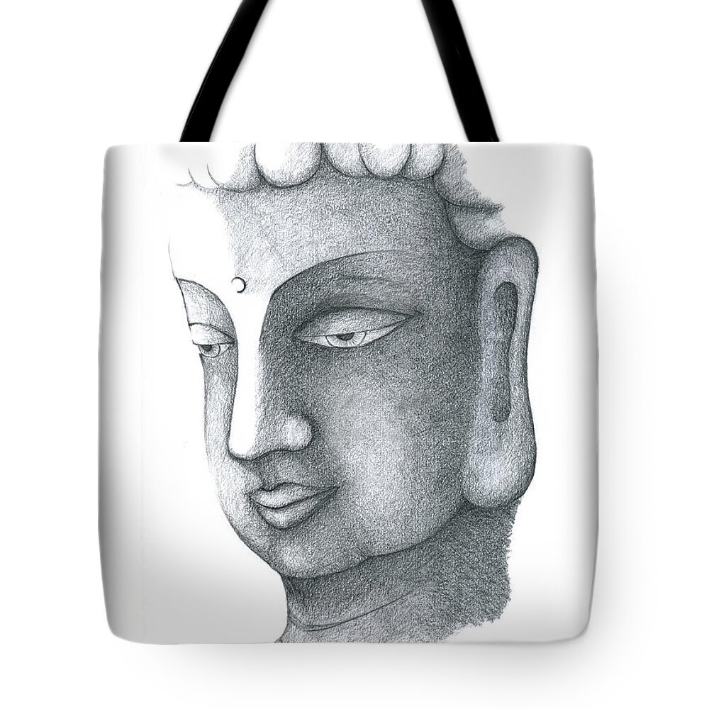 Buddha Tote Bag featuring the drawing Stillness by Keiko Katsuta