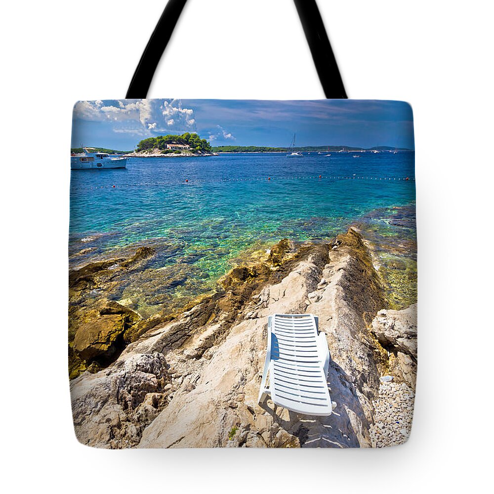 Hvar Tote Bag featuring the photograph Stone beach of Island Hvar by Brch Photography