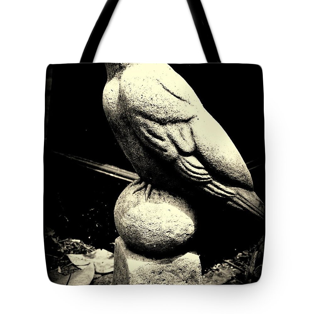 Pedestal Tote Bag featuring the photograph Stone Crow on Stone Ball by Kathy Barney
