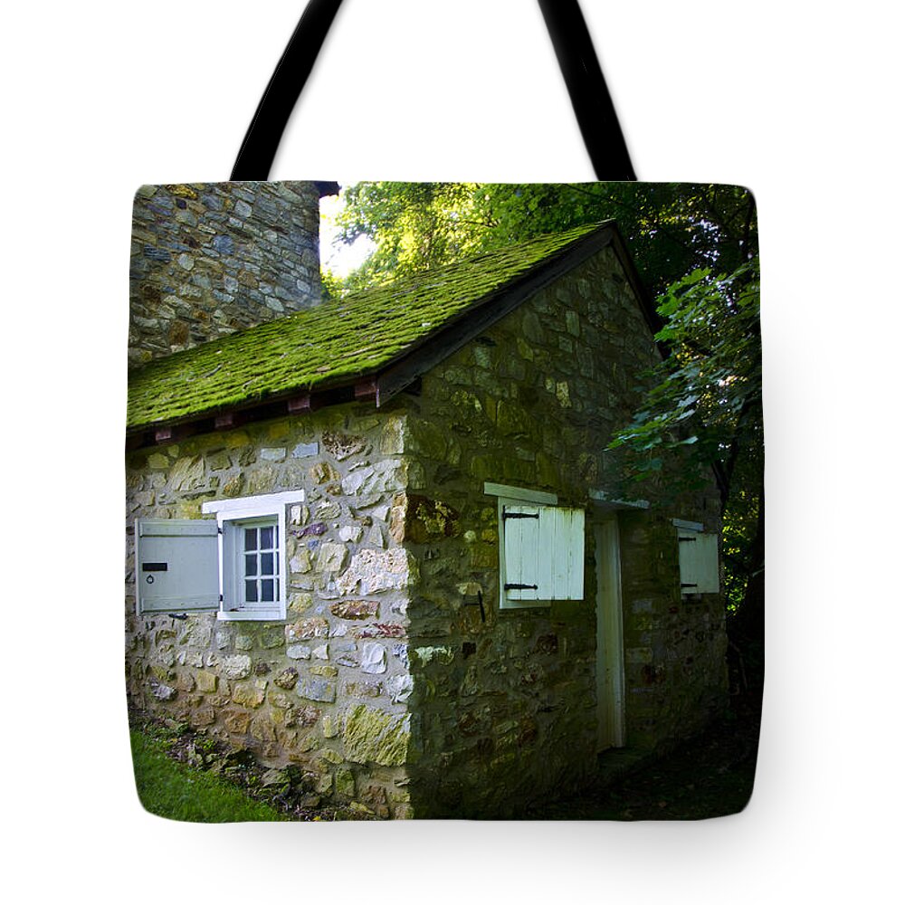 Stone Tote Bag featuring the photograph Stone House with Mossy Roof by Bill Cannon