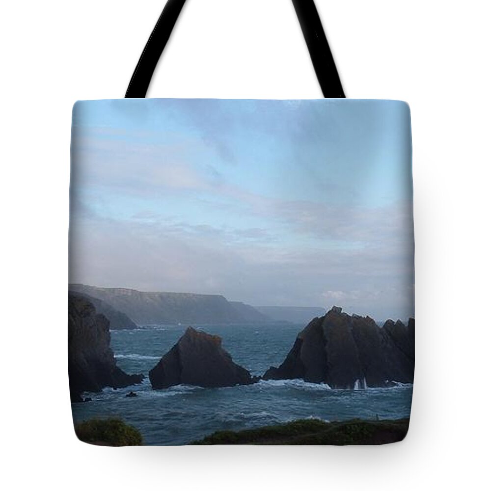 Stormy Hartland Quay Tote Bag featuring the photograph Hartland Quay Storm by Richard Brookes