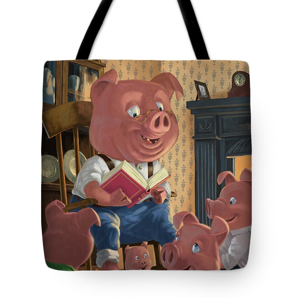 Story Telling Tote Bag featuring the painting Story Telling Pig With Family by Martin Davey