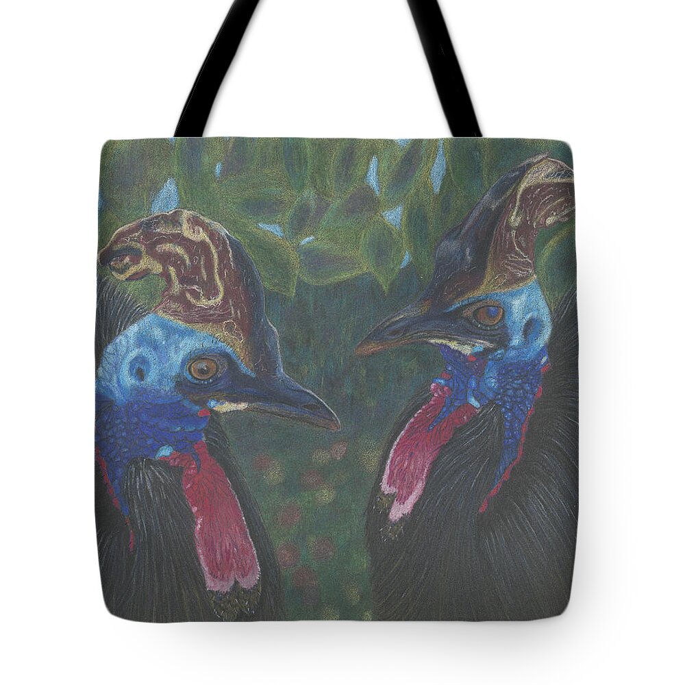 Cassowary Tote Bag featuring the drawing Strange Birds by Arlene Crafton