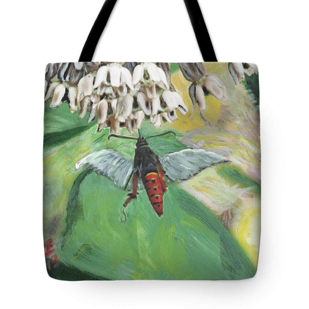Flowers Tote Bag featuring the painting Strange Bug at Flowers by Cliff Wilson