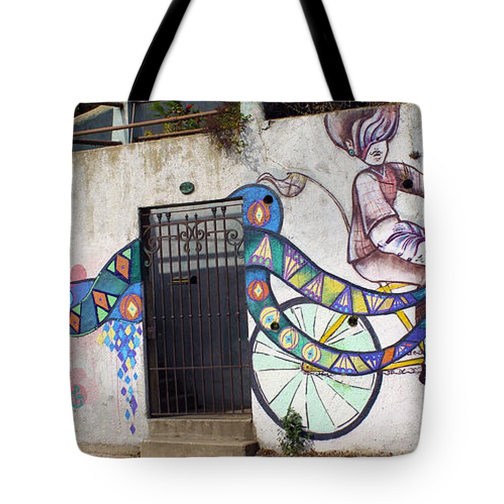 Street Art Tote Bag featuring the photograph Street art Valparaiso Chile by Kurt Van Wagner