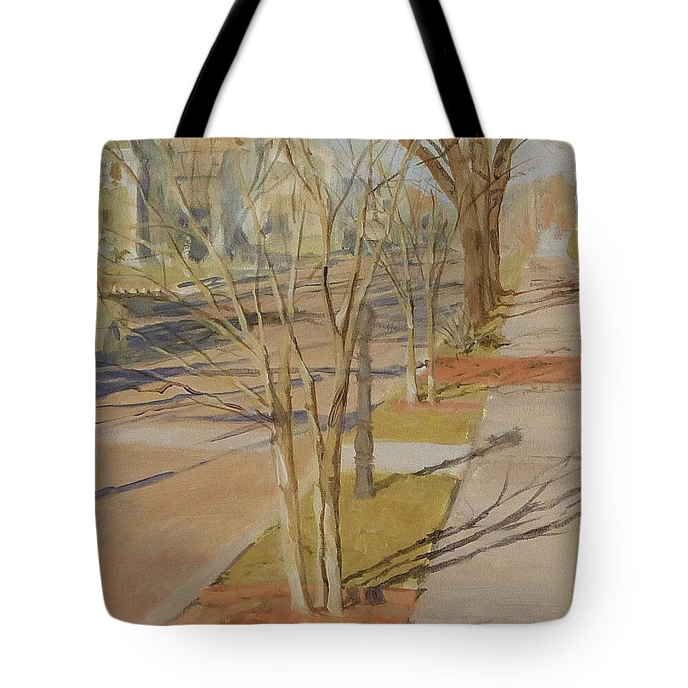 Landscape Tote Bag featuring the painting Street Trees with Winter Shadows by Ellen Paull