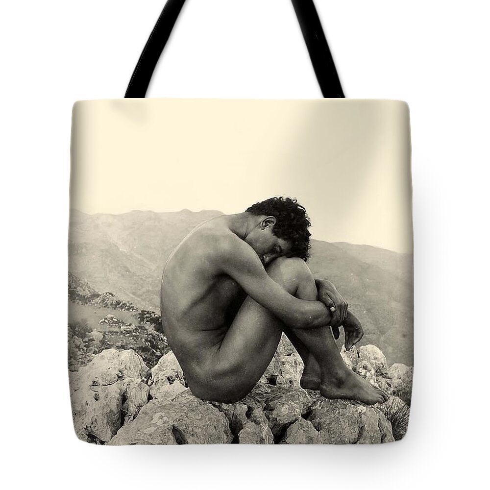 Gloeden Tote Bag featuring the photograph Study of a Male Nude on a Rock in Taormina Sicily by Wilhelm von Gloeden