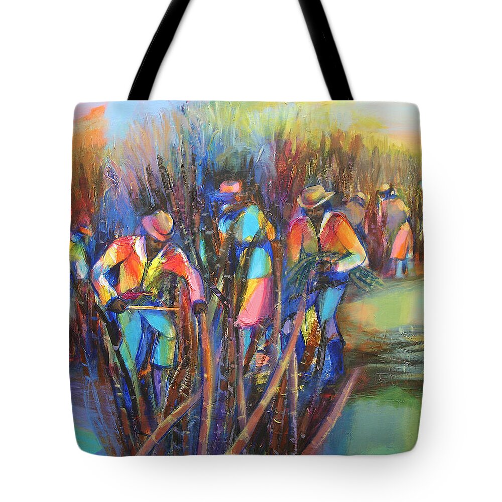 Abstract Tote Bag featuring the painting Sugar Cane Harvest by Cynthia McLean
