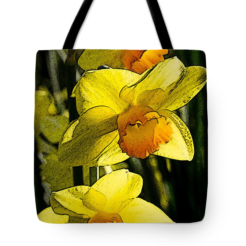 Narcissus Tote Bag featuring the digital art Sumi-e in yellow by Elena Perelman