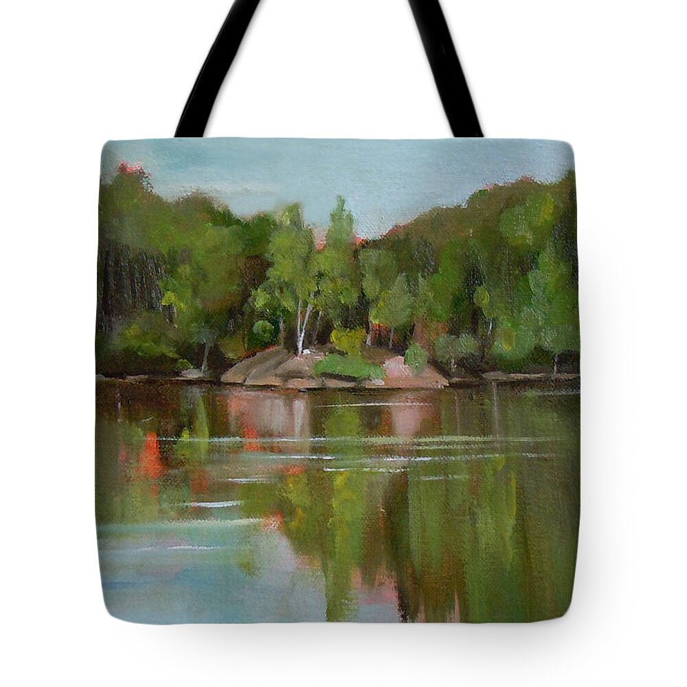 Mirror Lake Tote Bag featuring the painting Summer at Mirror Lake by Nancy Griswold