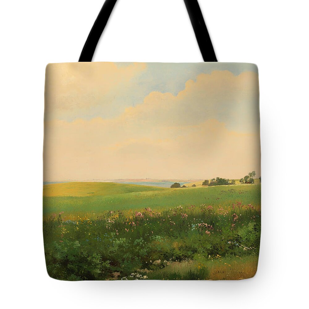 Carl Frederik Aagaard Tote Bag featuring the painting Summer landscape with rolling fields by Carl Frederik Aagaard