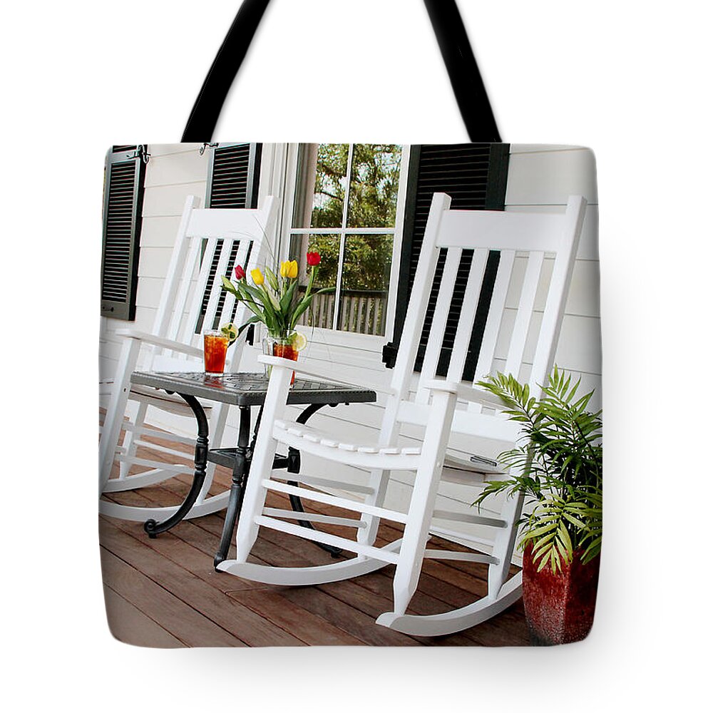 Porch Tote Bag featuring the photograph Summertime and sweet tea by Toni Hopper