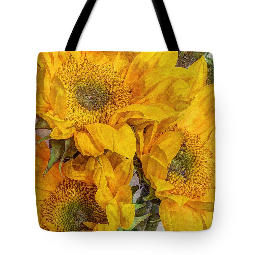 Yellow Tote Bag featuring the photograph Sunflower Trio by Heidi Smith