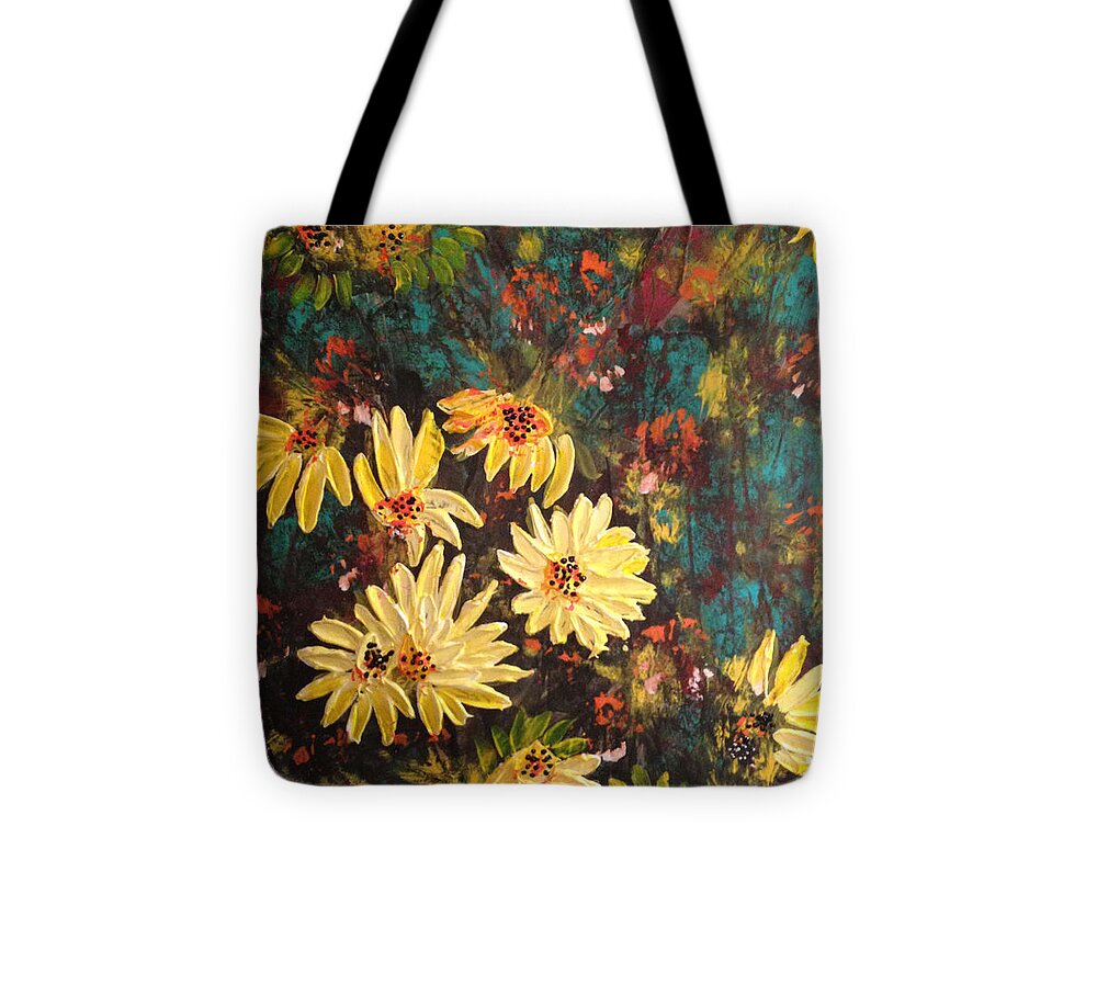 Sun Flowers Tote Bag featuring the mixed media Sunflowers by Sima Amid Wewetzer