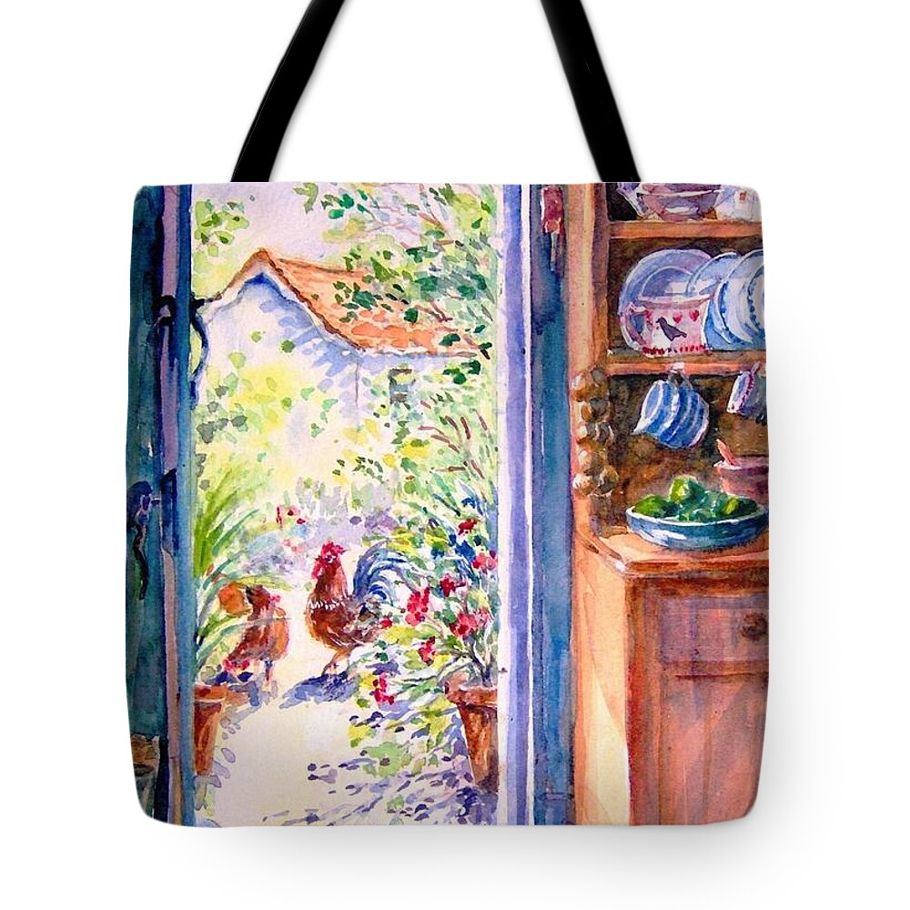 Sunlit Cottage Tote Bag featuring the painting Sunlit Cottage Doorway by Trudi Doyle