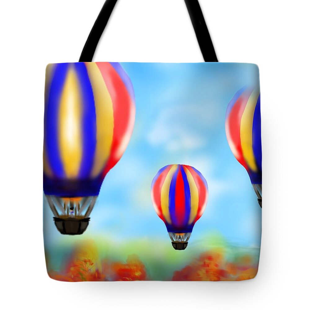 Hot Air Balloon Tote Bag featuring the digital art Sunny Balloon Ride by Christine Fournier
