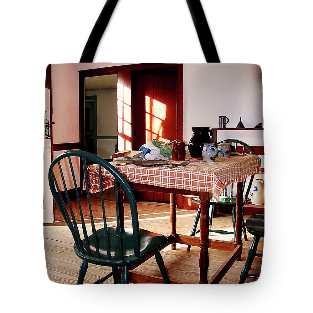 Checkered Tablecloth Tote Bag featuring the photograph Sunny Kitchen by Susan Savad
