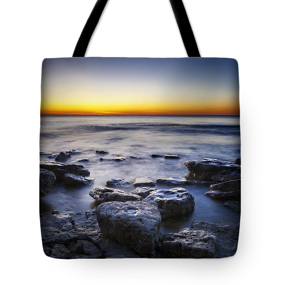 Sun Tote Bag featuring the photograph Sunrise at Cave Point by Scott Norris