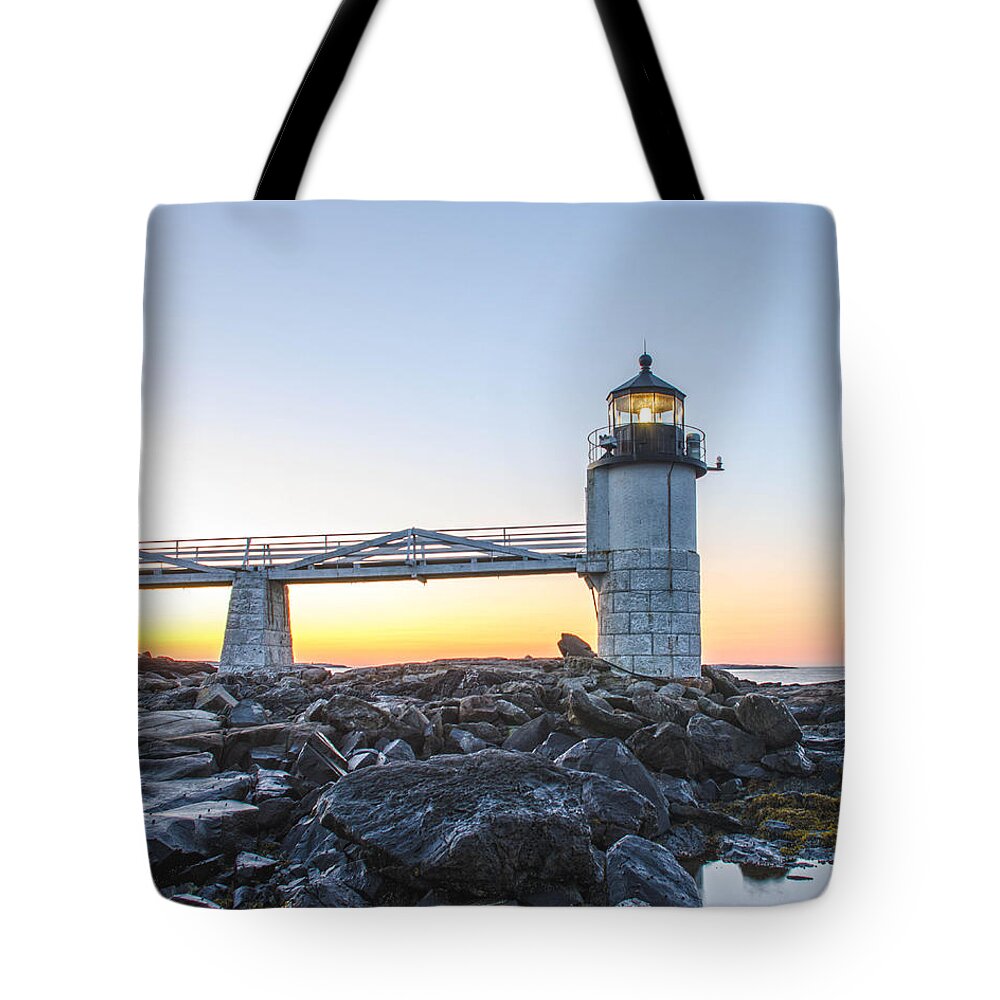 Lighthouse Tote Bag featuring the photograph Sunrise at Marshall Point Lighthouse by Gary Wightman