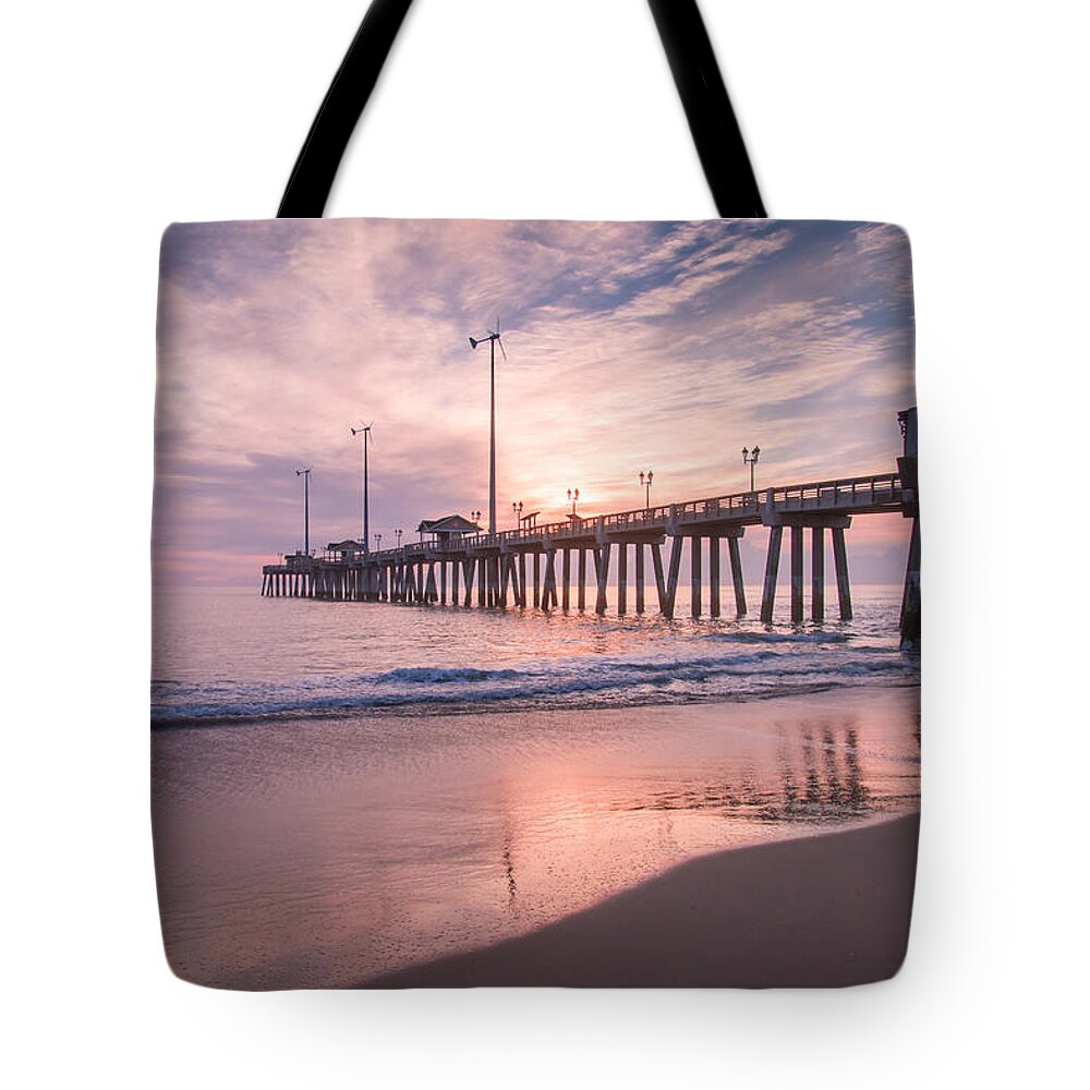 Nags Head Tote Bag featuring the photograph Sunrise Jeanette's Pier by Stacy Abbott