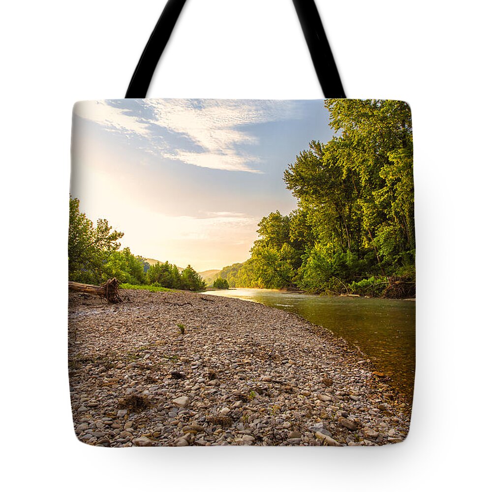 Sunset Tote Bag featuring the photograph Sunrise Light On Buffalo RIver by Bill and Linda Tiepelman