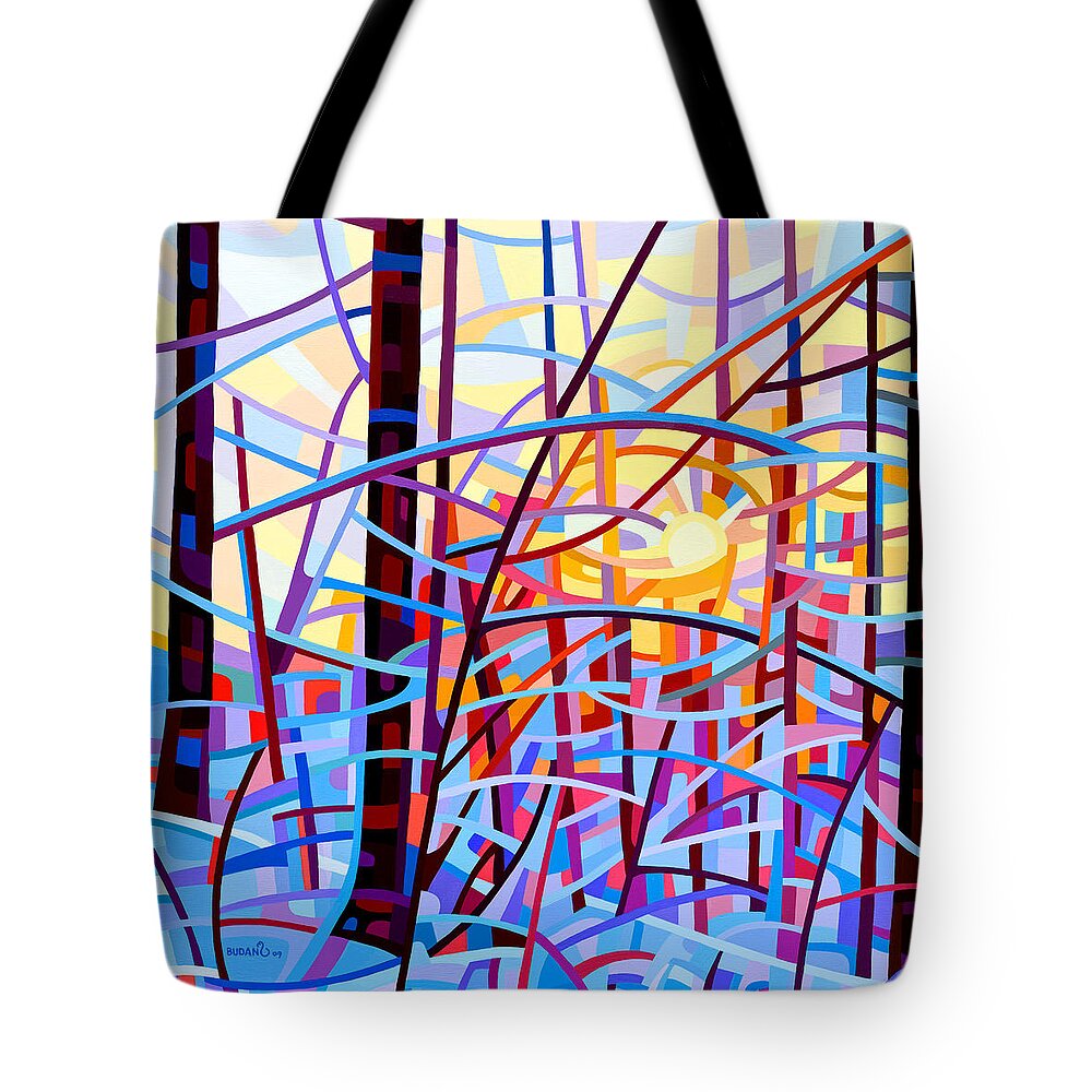 Abstract Tote Bag featuring the painting Sunrise by Mandy Budan