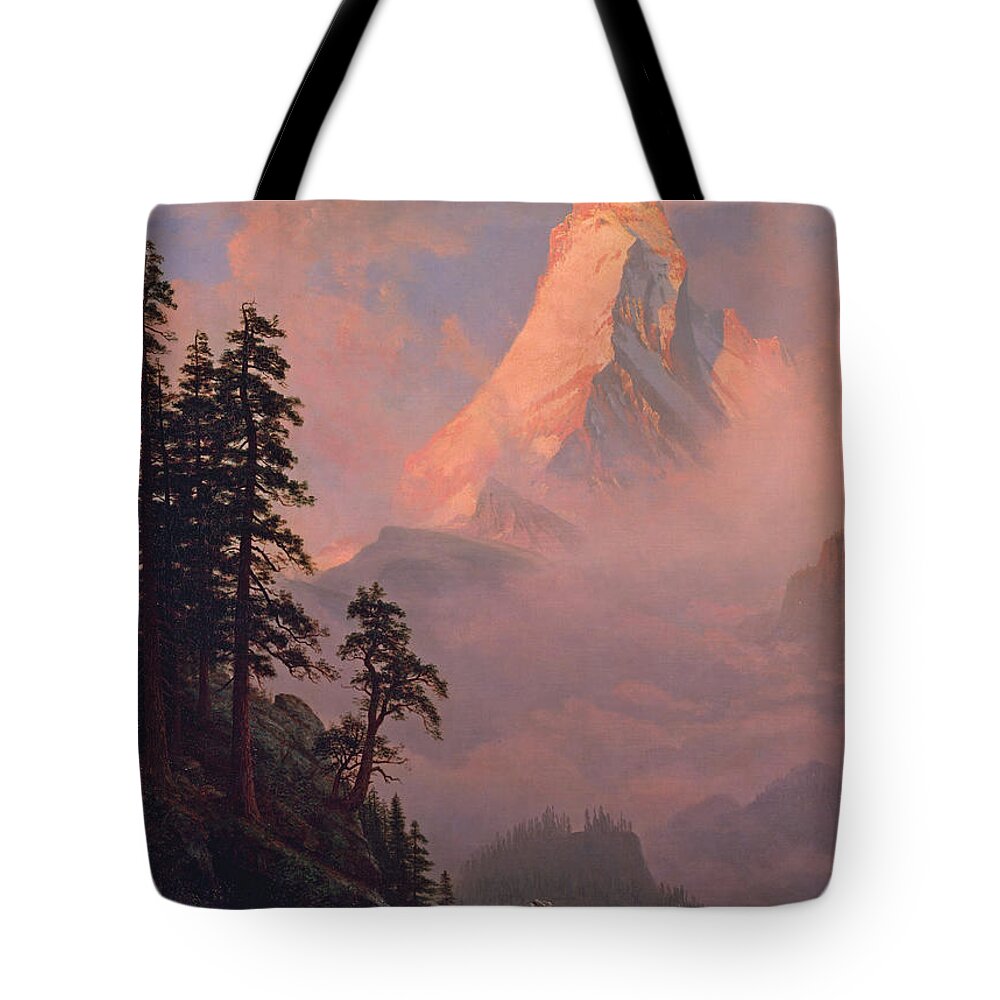 Albert Bierstadt Tote Bag featuring the painting Sunrise on the Matterhorn by Albert Bierstadt