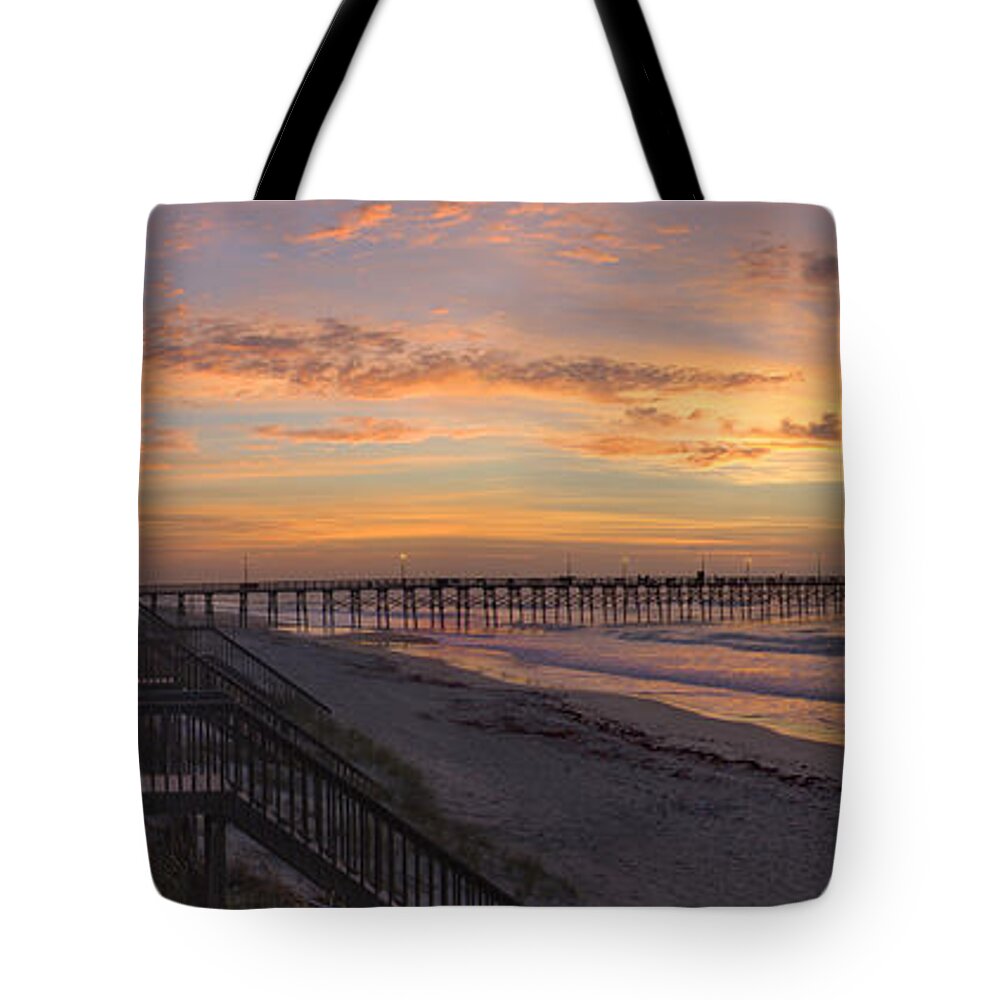 Fishing Pier Tote Bag featuring the photograph Sunrise on Topsail Island Panoramic by Mike McGlothlen