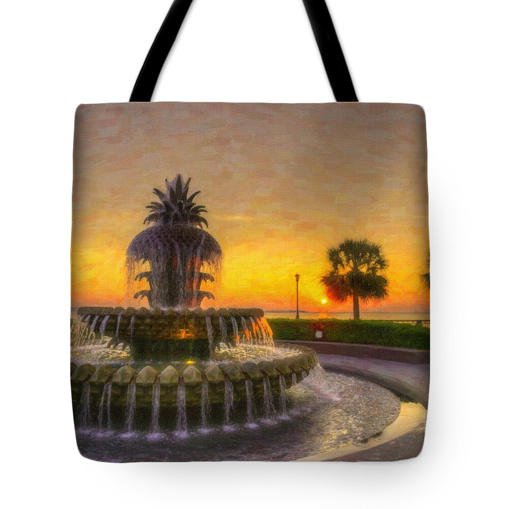Pineapple Fountain Tote Bag featuring the digital art Sunrise over Pinapple Fountain by Dale Powell