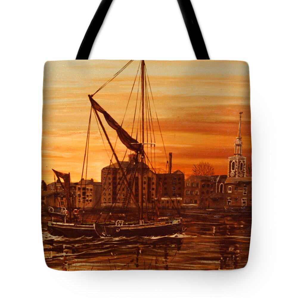 Sunrise Tote Bag featuring the painting Sunrise over St Marys Church Rotherhithe London by Mackenzie Moulton