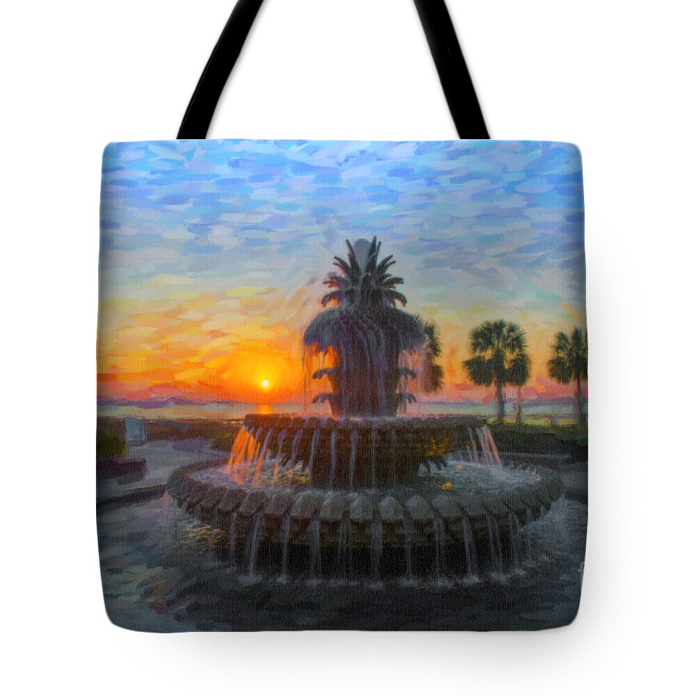 Pineapple Fountain Tote Bag featuring the digital art Sunrise over the Pineapple by Dale Powell
