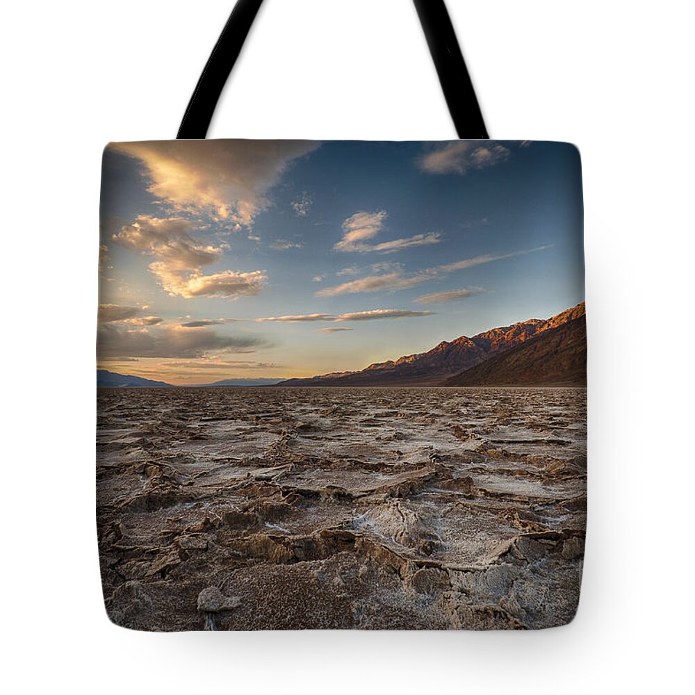 Death Valley Tote Bag featuring the photograph Sunset At BadWater Basin by Jennifer Magallon