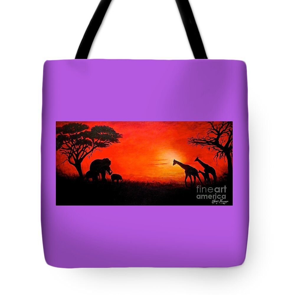 Acacia Trees Tote Bag featuring the painting Sunset at Serengeti by Sher Nasser