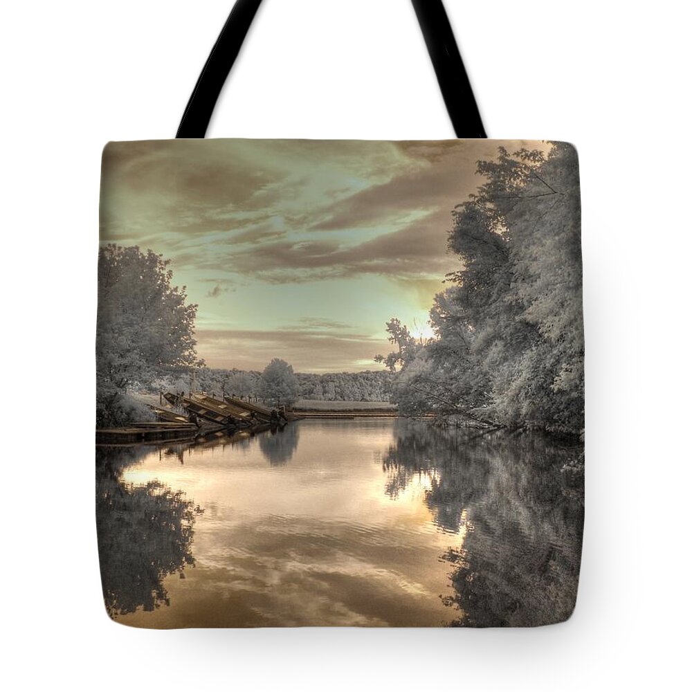 The Boathouse Tote Bag featuring the photograph Sunset at the Boathouse by Jane Linders