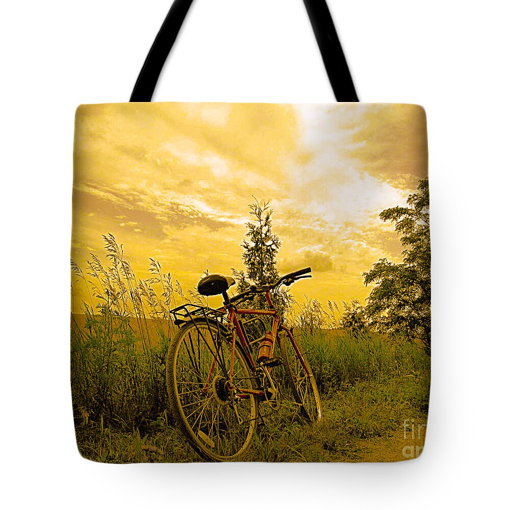 Sunset Tote Bag featuring the photograph Sunset Biking by Nina Silver