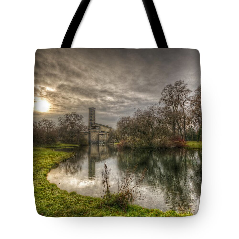 Antique Tote Bag featuring the digital art Sunset church of peace by Nathan Wright