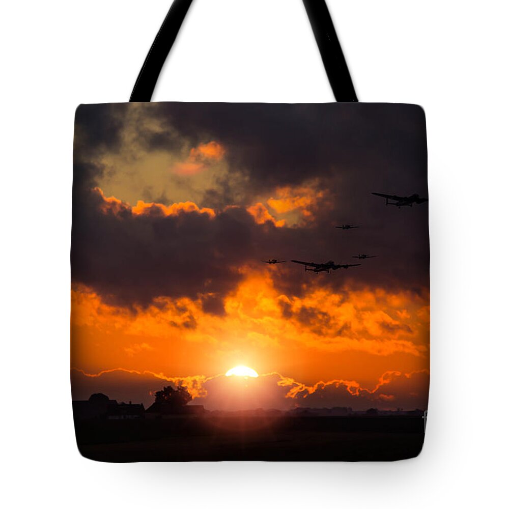 Avro Tote Bag featuring the digital art Sunset Fly By by Airpower Art