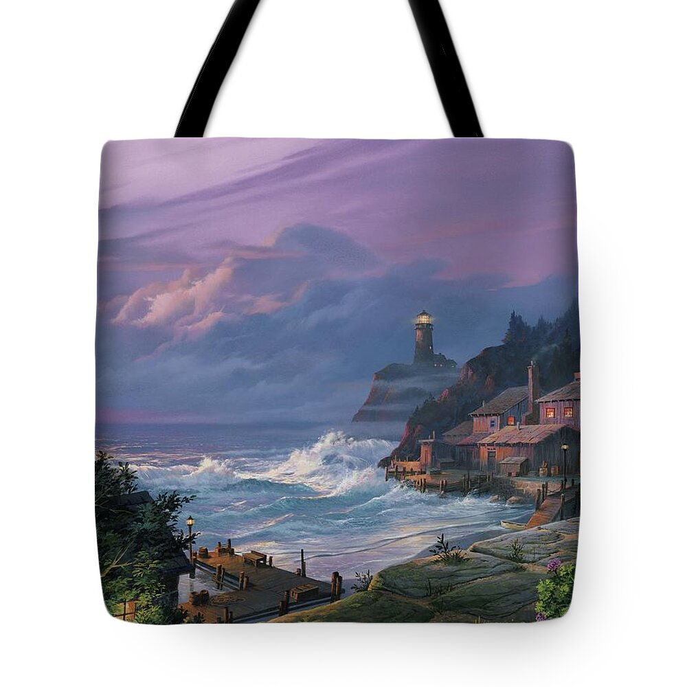 Lighthouse Tote Bag featuring the painting Sunset Fog by Michael Humphries