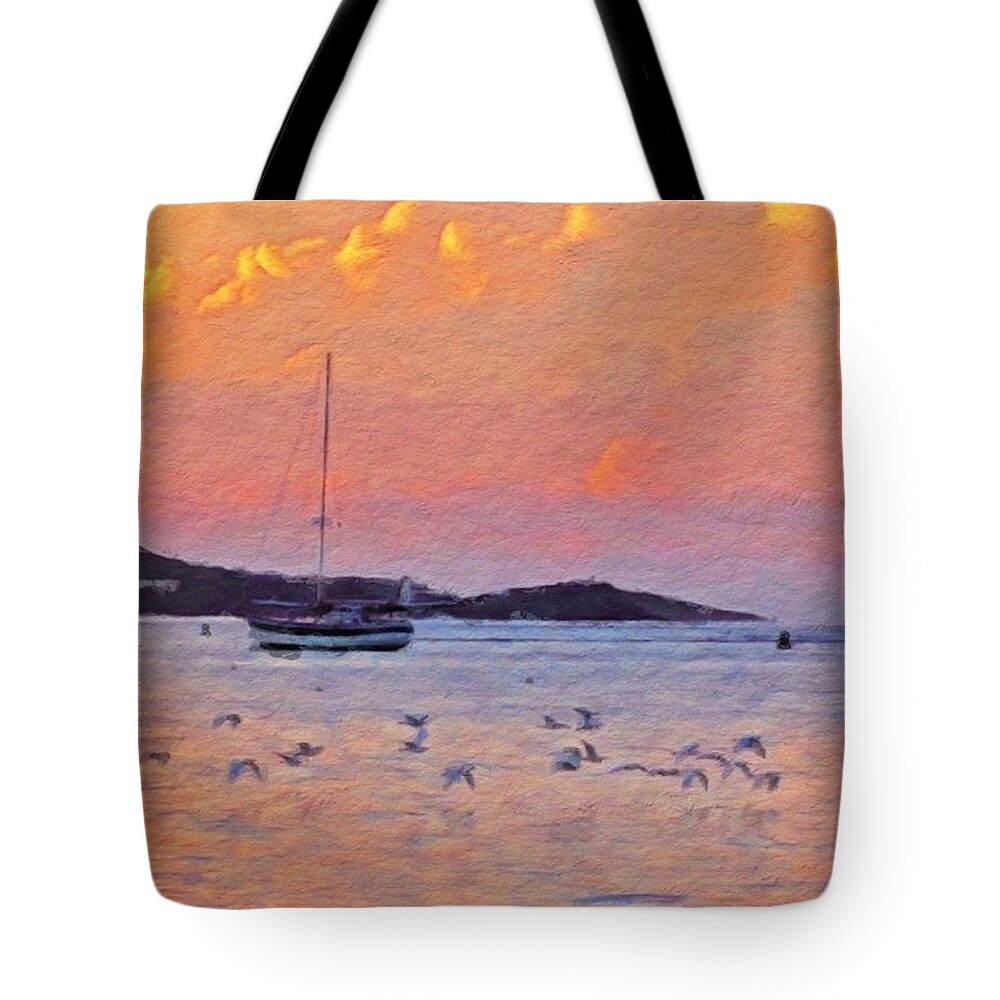 Sharkcrossing Tote Bag featuring the digital art V Sunset Harbor with Birds - Vertical by Lyn Voytershark