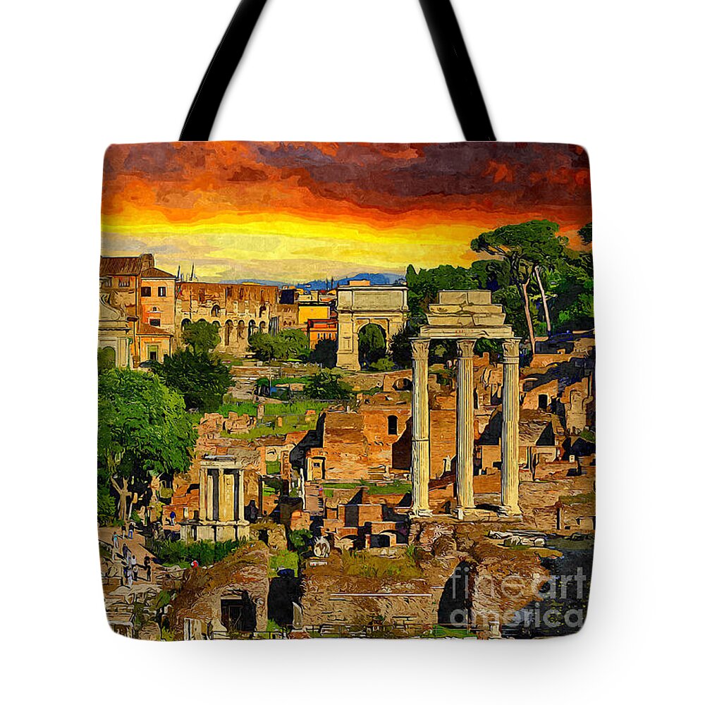 Sunset Tote Bag featuring the painting Sunset in Rome by Stefano Senise