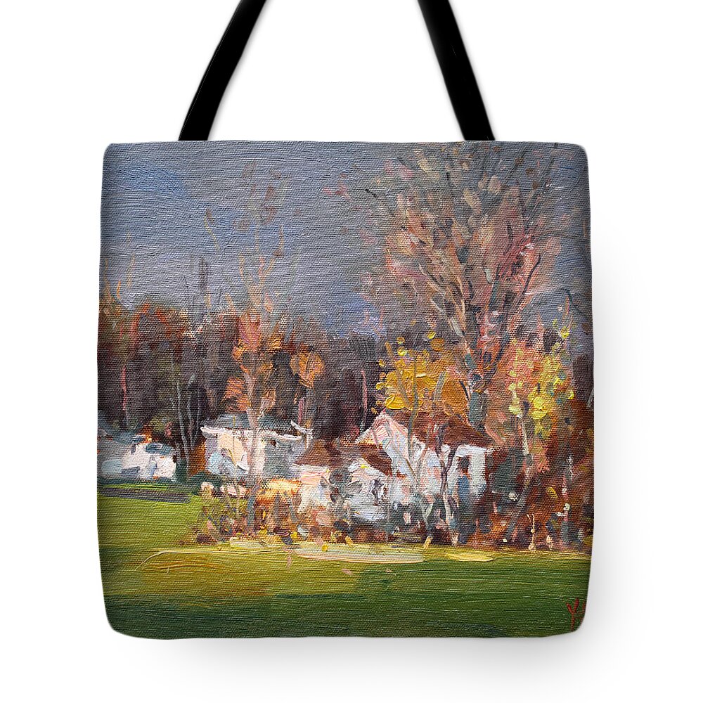 Sunset Light Tote Bag featuring the painting Sunset Light by Ylli Haruni