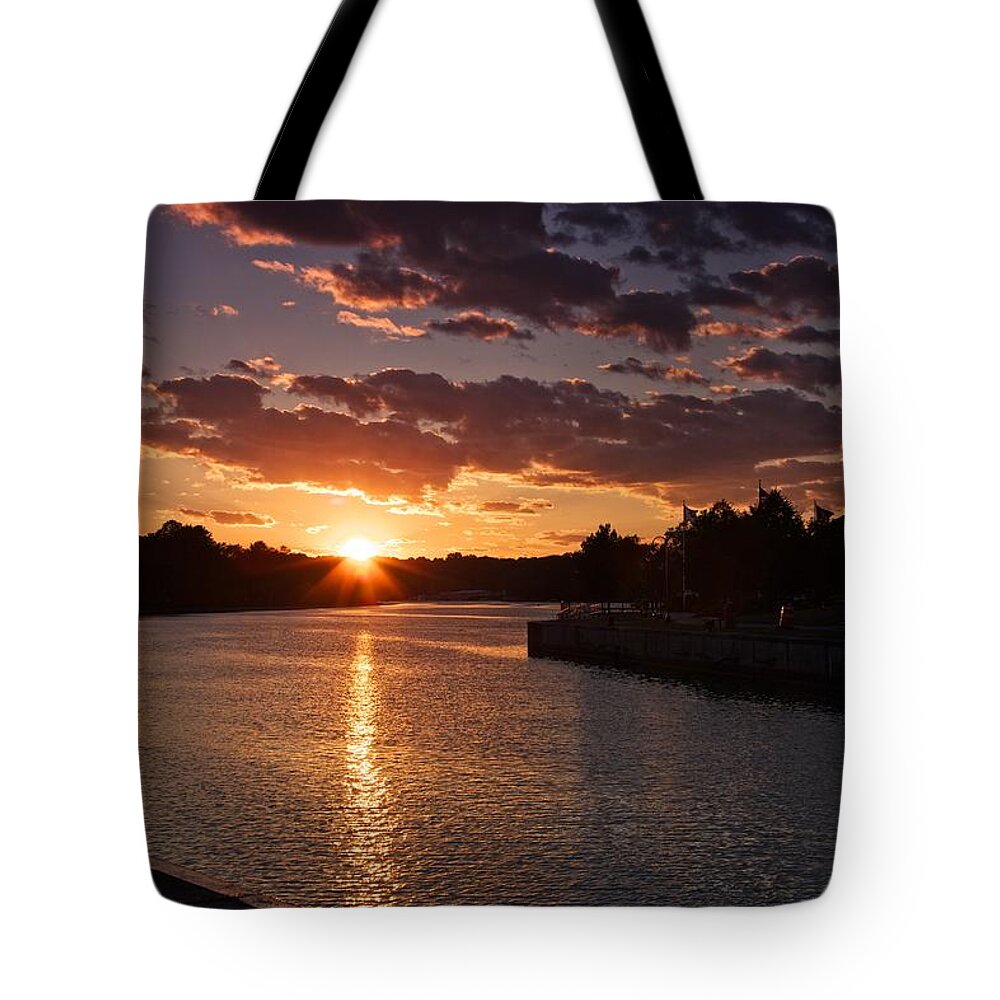 Baldwinsville Tote Bag featuring the photograph Sunset on the River by Dave Files
