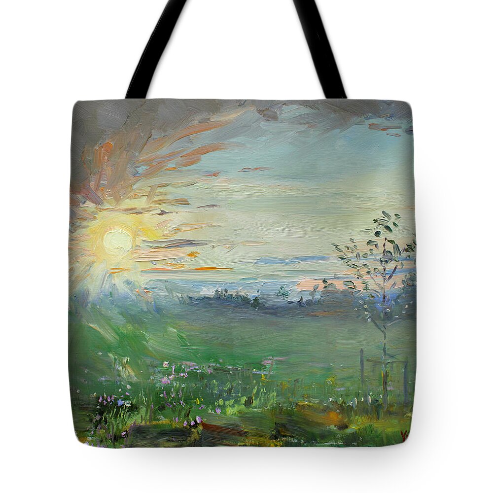 Sunset Tote Bag featuring the painting Sunset over a Field of Wild Flowers by Ylli Haruni