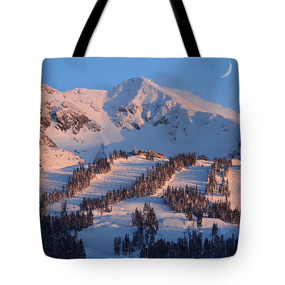 Whistler Tote Bag featuring the photograph Sunset over Blackcomb mountain by Pierre Leclerc Photography
