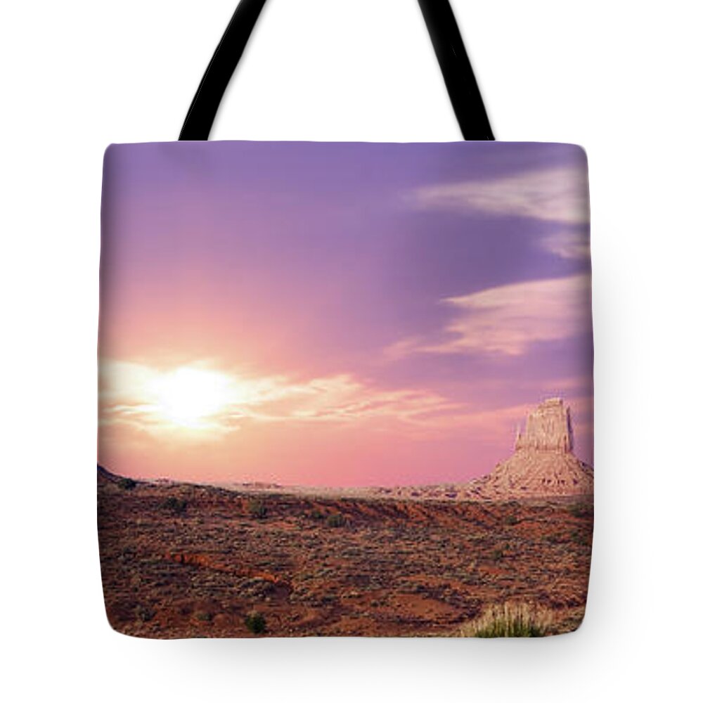 American Tote Bag featuring the photograph Sunset over Mountain Valley by Aged Pixel