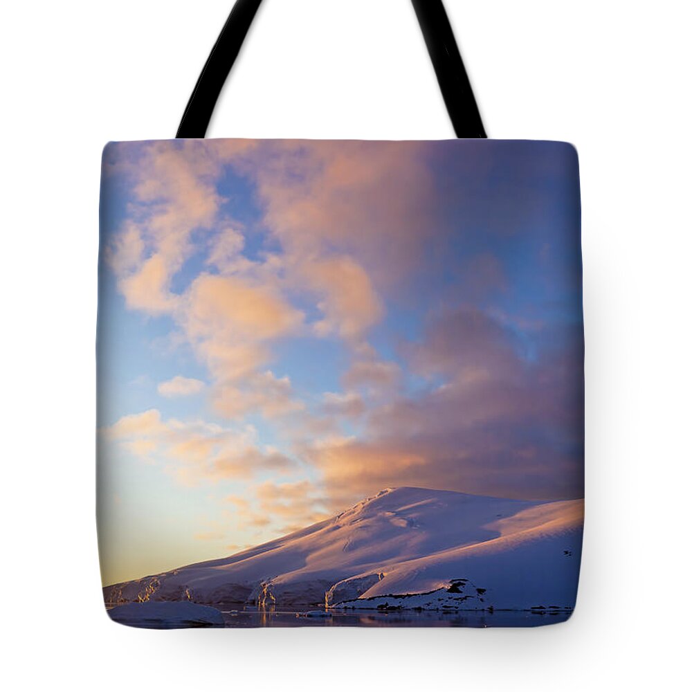 Nis Tote Bag featuring the photograph Sunset Over Mountains Lemaire Channel by Erik Joosten