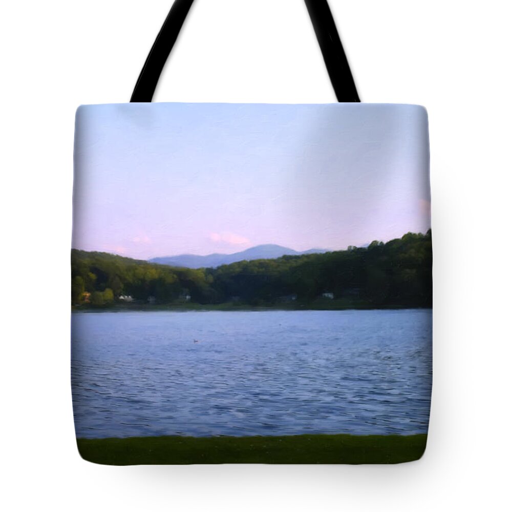 Lake Junaluska Tote Bag featuring the digital art Smoky Mtn Sunset from Lake Junaluska by Flees Photos