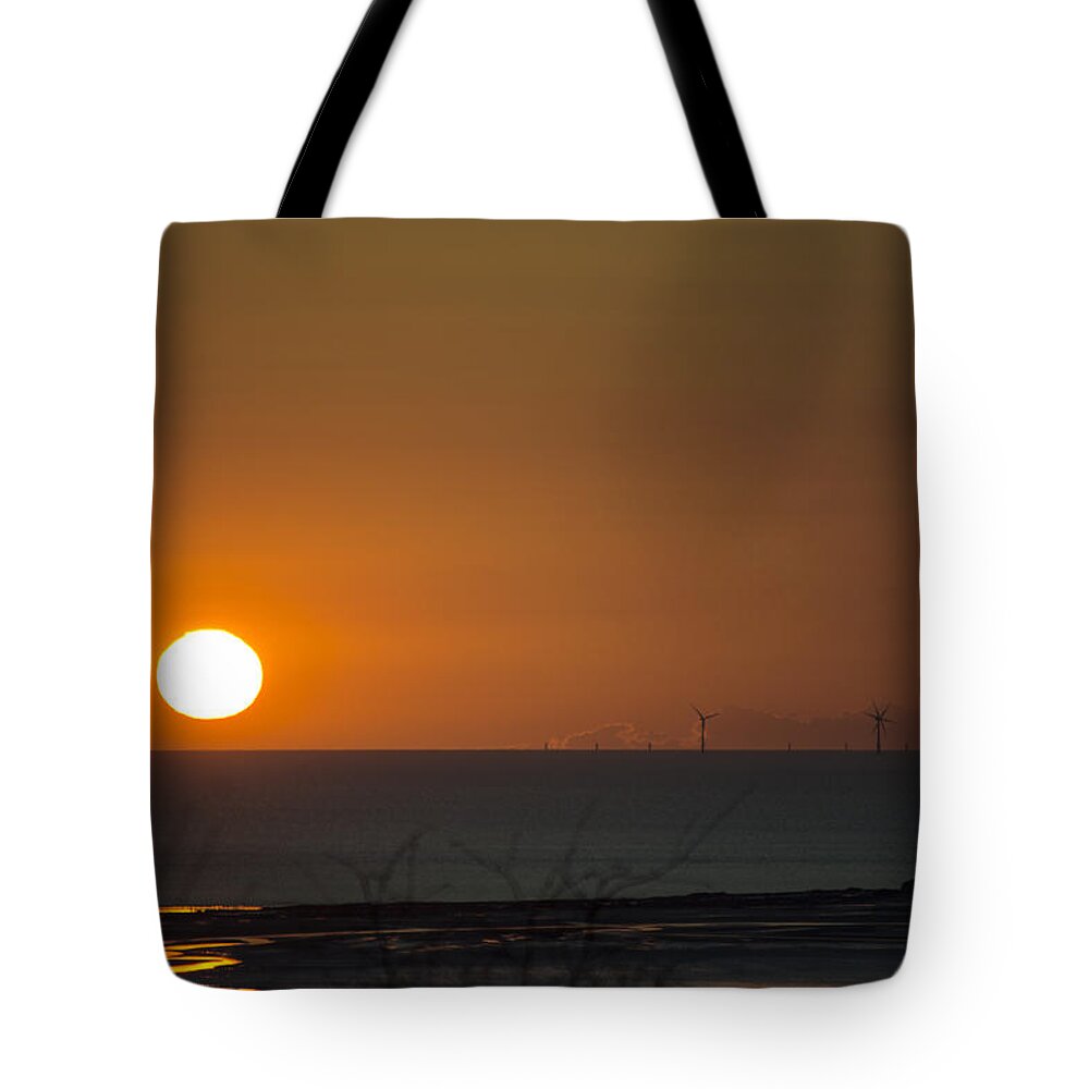 Sun Tote Bag featuring the photograph Sunset Over The Windfarm by Spikey Mouse Photography