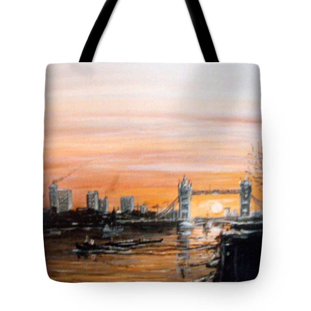 Sunset Tote Bag featuring the painting Sunset over Tower Bridge London from Pier Head Wapping by Mackenzie Moulton