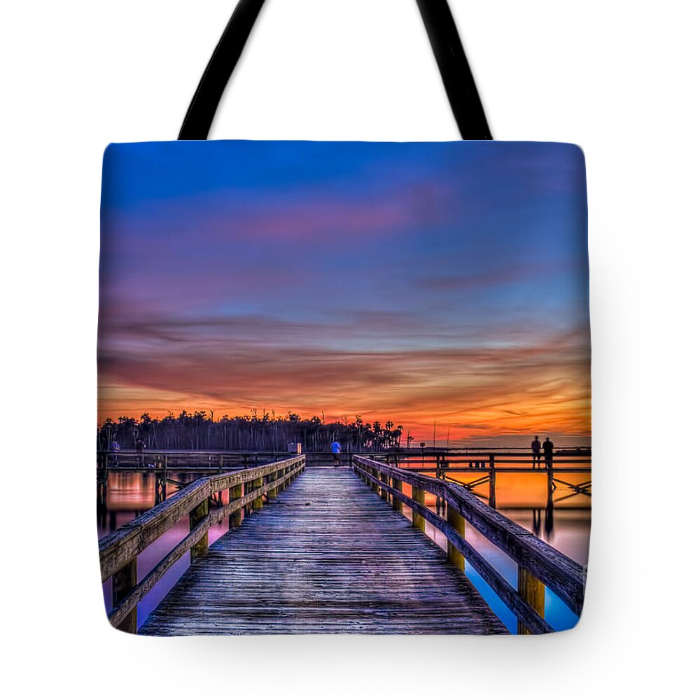 Fishing Pier Tote Bag featuring the photograph Sunset Pier Fishing by Marvin Spates